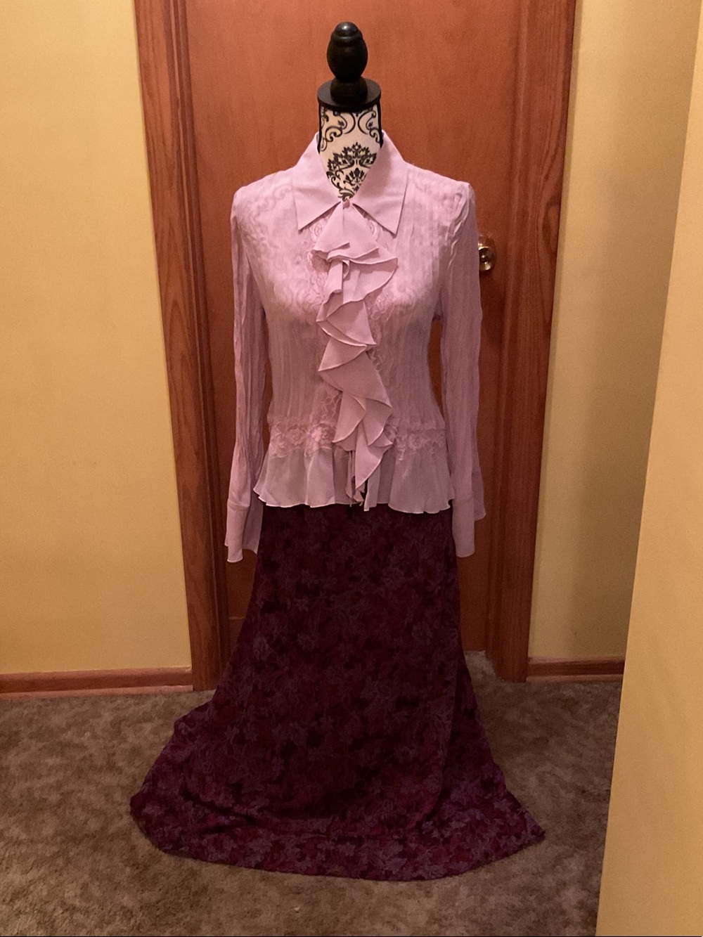 White Stag Lavender Ruffle Blouse with Plum Floral Maxi Skirt